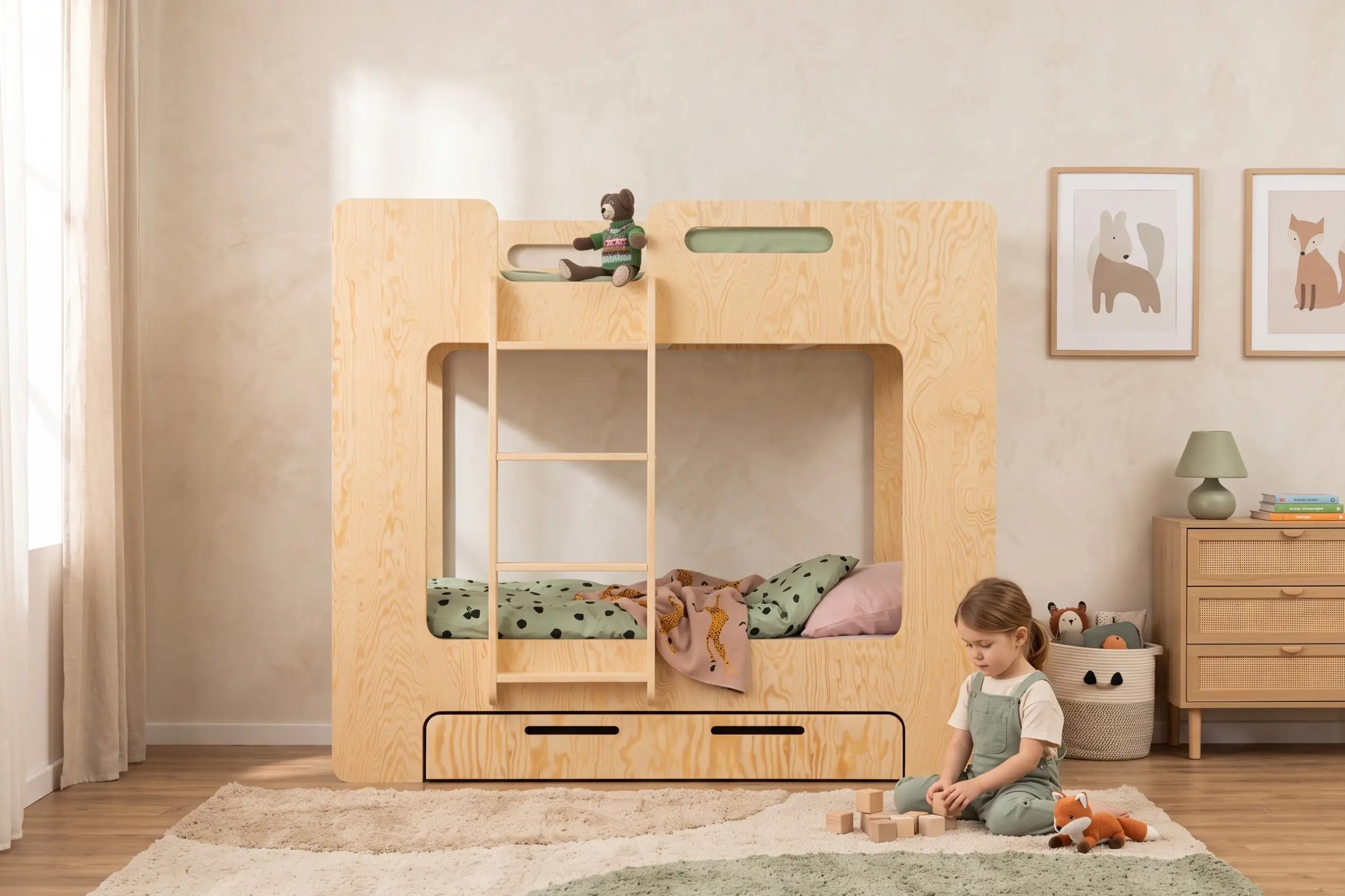 Letto a castello MIMI D in legno naturale con scala e cassetto, bambina che gioca con cubi di legno sul tappeto.