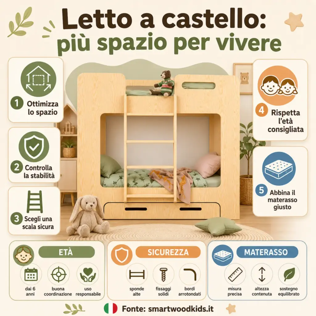 Infografica: letto a castello - ottimizza lo spazio, stabilità, scala sicura, età consigliata e materasso giusto.