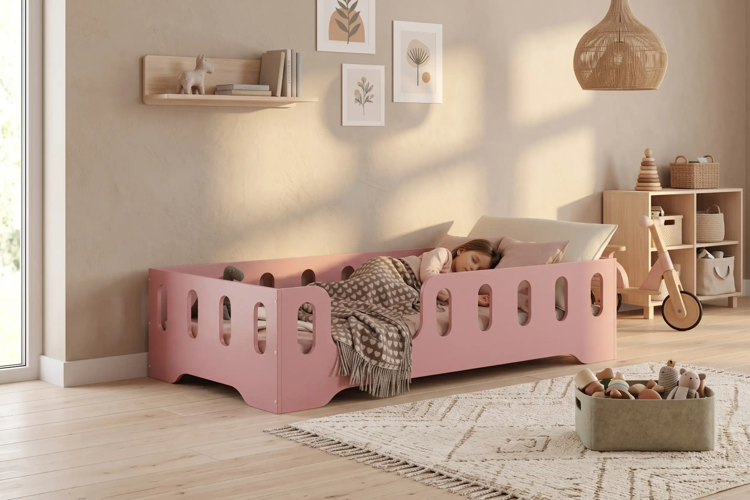 Letto per bambini Montessori TILA 2 color rosa con sponde ad asole, una bambina dorme con una coperta a cuori.