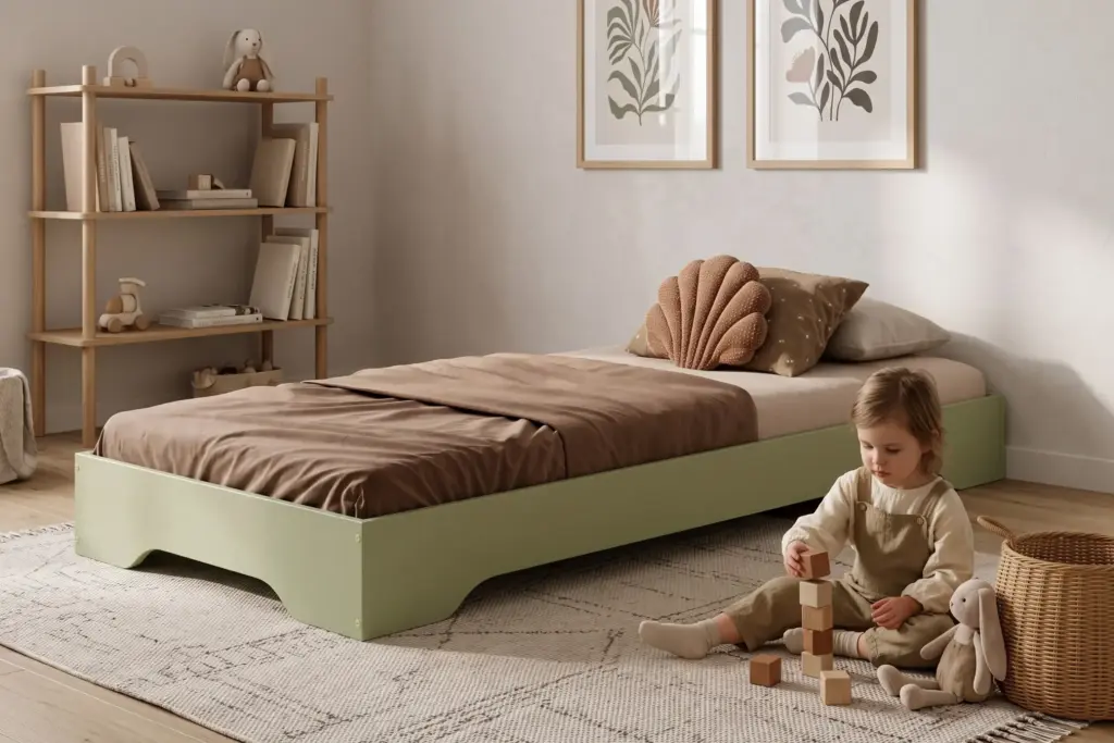 Letto per bambini TILA 7 color verde salvia, bassa struttura a terra, una bambina costruisce una torre di cubi vicino al letto.