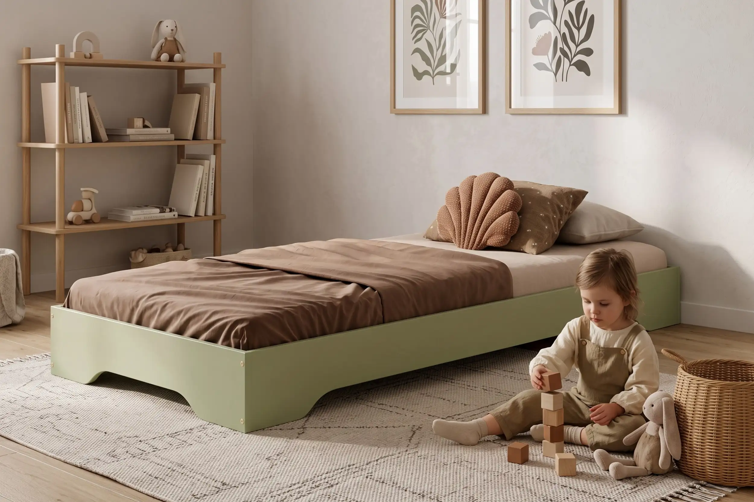 Letto per bambini TILA 7 color verde salvia, bassa struttura a terra, una bambina costruisce una torre di cubi vicino al letto.