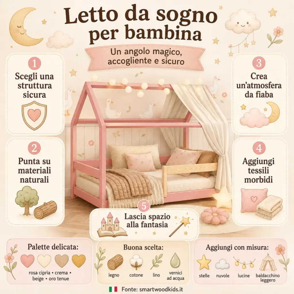 Infografica: letto da sogno per bambina - struttura sicura, materiali naturali, atmosfera da fiaba, tessili morbidi e spazio alla fantasia.