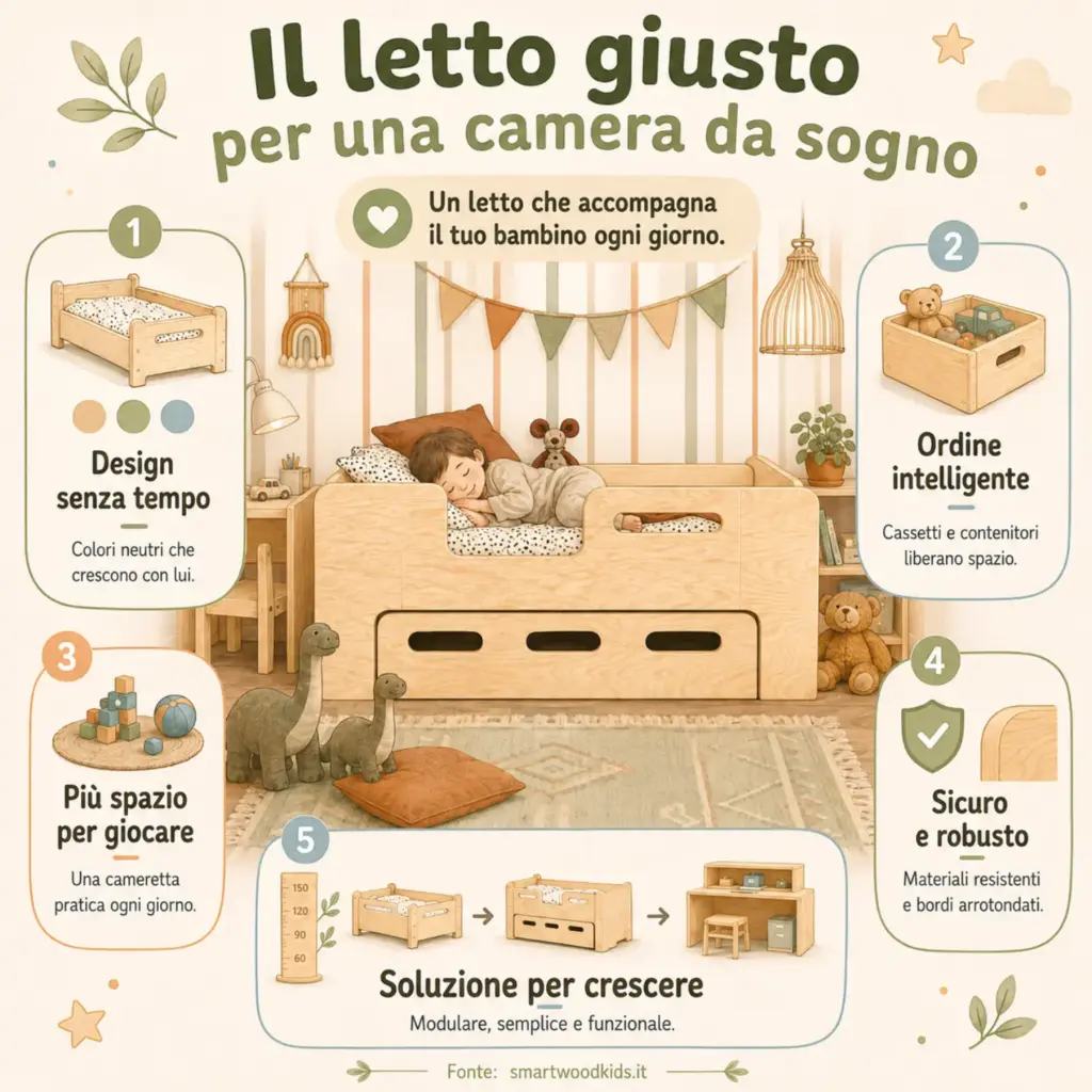  Infografica: il letto giusto per una cameretta da sogno - design senza tempo, contenitori, spazio per giocare, sicurezza e modularità.
