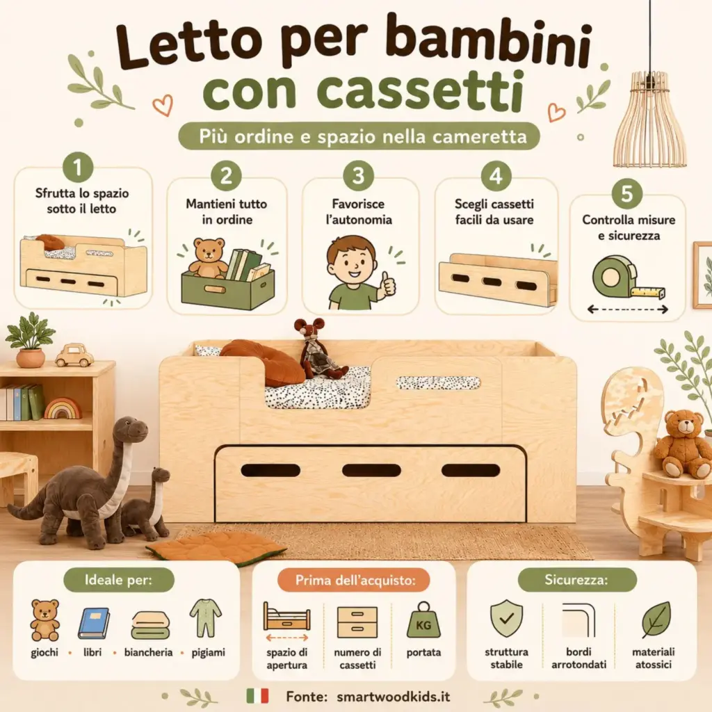 Infografica: letto per bambini con cassetti - sfrutta lo spazio sotto il letto, ordine, autonomia, cassetti pratici e sicurezza.