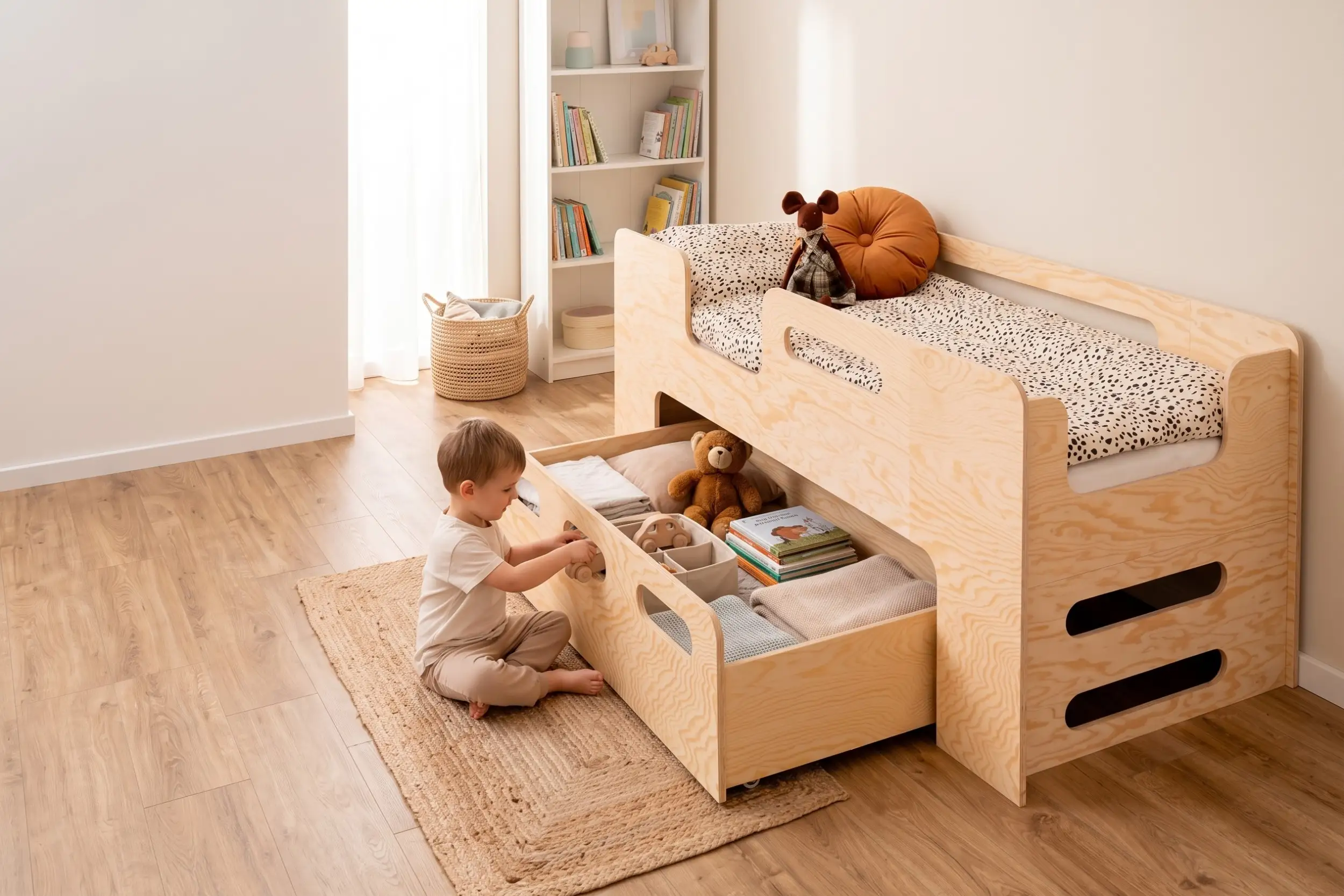 Letto PIPI in legno naturale con cassetto estraibile aperto, bambino che sistema giochi e libri nello scomparto.