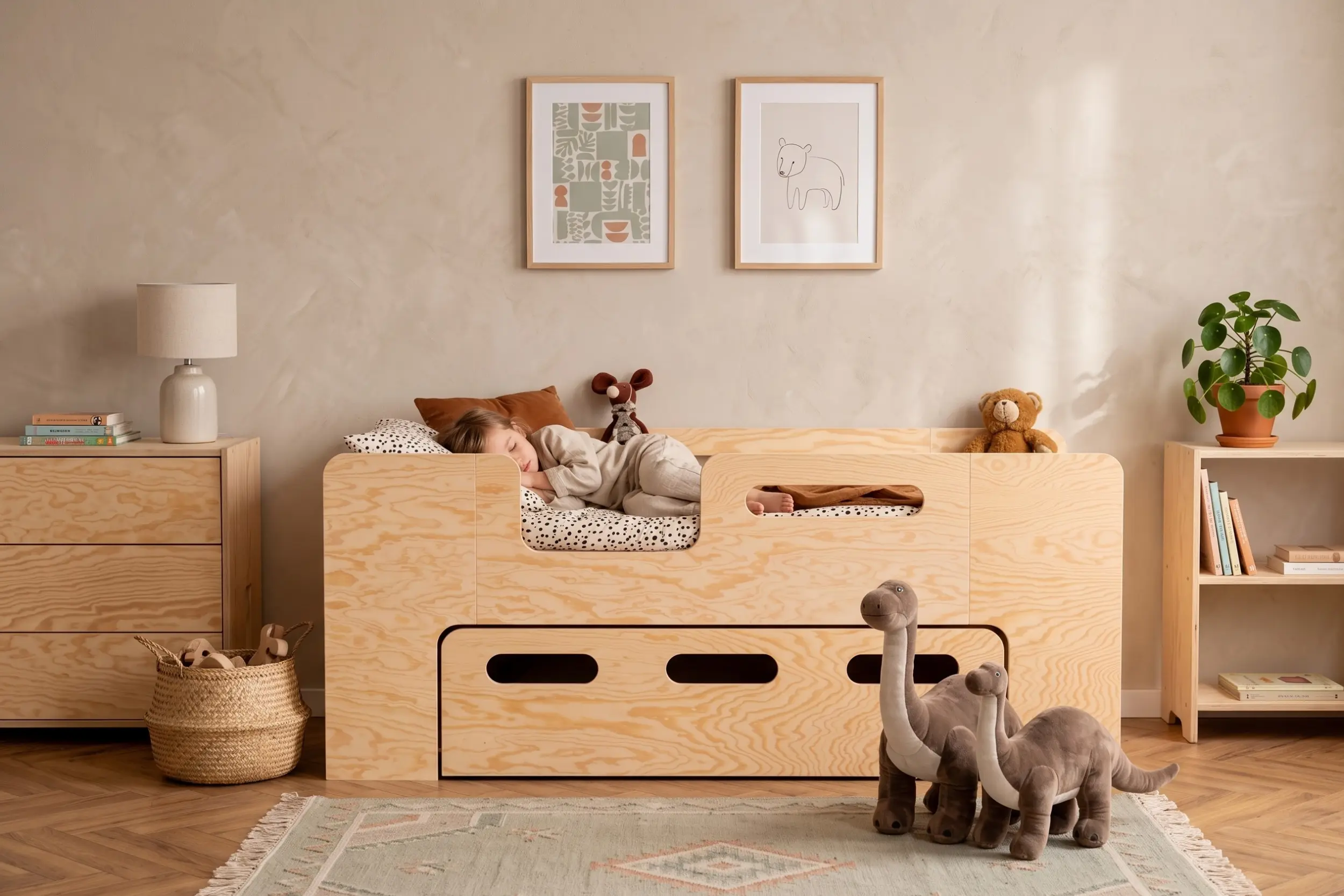 Letto per bambini PIPI in legno naturale con cassetto e ingresso laterale, bambina che dorme in una cameretta luminosa.