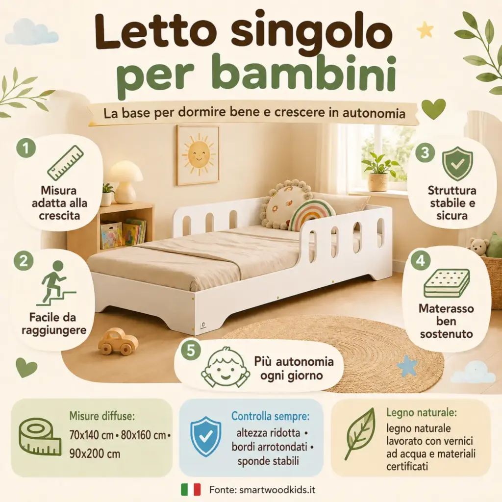 Infografica: letto singolo per bambini - misura adatta alla crescita, facile da raggiungere, struttura stabile, materasso sostenuto e autonomia.