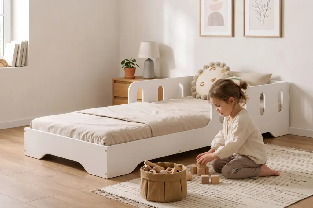 Letto per bambini TILA 6 bianco con barriere, bambina che gioca con cubi di legno sul tappeto in una cameretta luminosa.