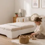 Letto per bambini TILA 6 bianco con barriere, bambina che gioca con cubi di legno sul tappeto in una cameretta luminosa.