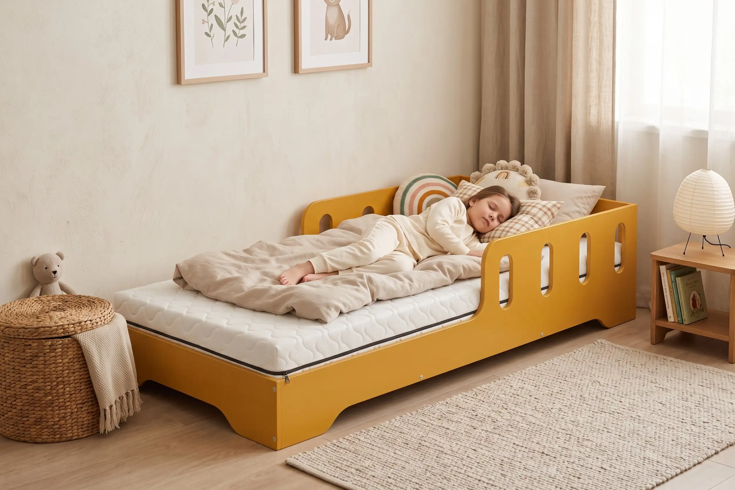 Letto per bambini TILA 6 giallo senape con barriera, bambina che dorme sul materasso in una cameretta luminosa.
