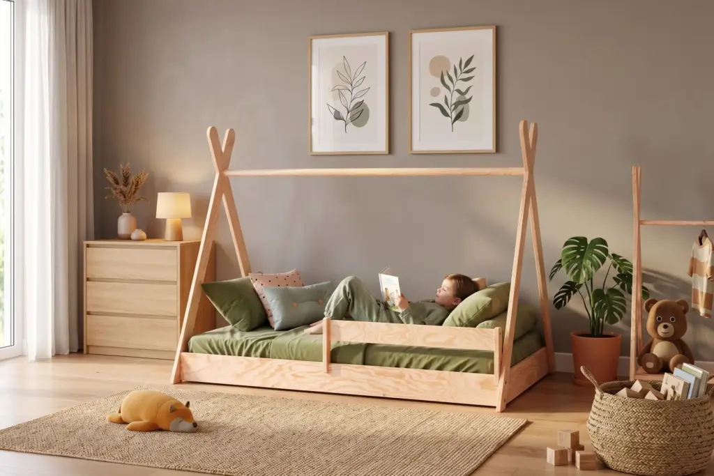 Letto a capanna TIPI F in legno naturale con barriera, bambino che legge un libro tra i cuscini in una cameretta luminosa.