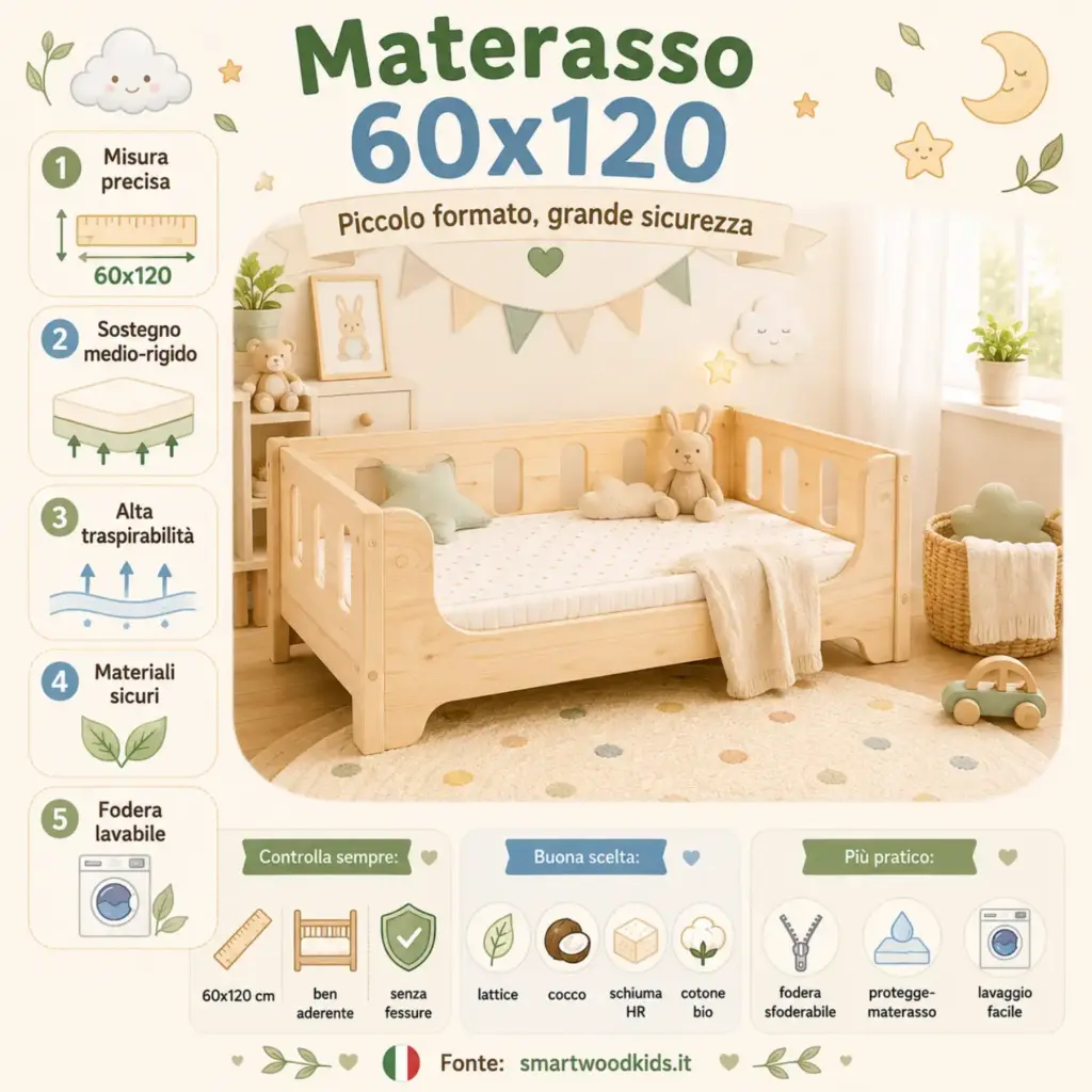 Infografica: materasso 60×120 - misura precisa, sostegno medio-rigido, alta traspirabilità, materiali sicuri e fodera lavabile.