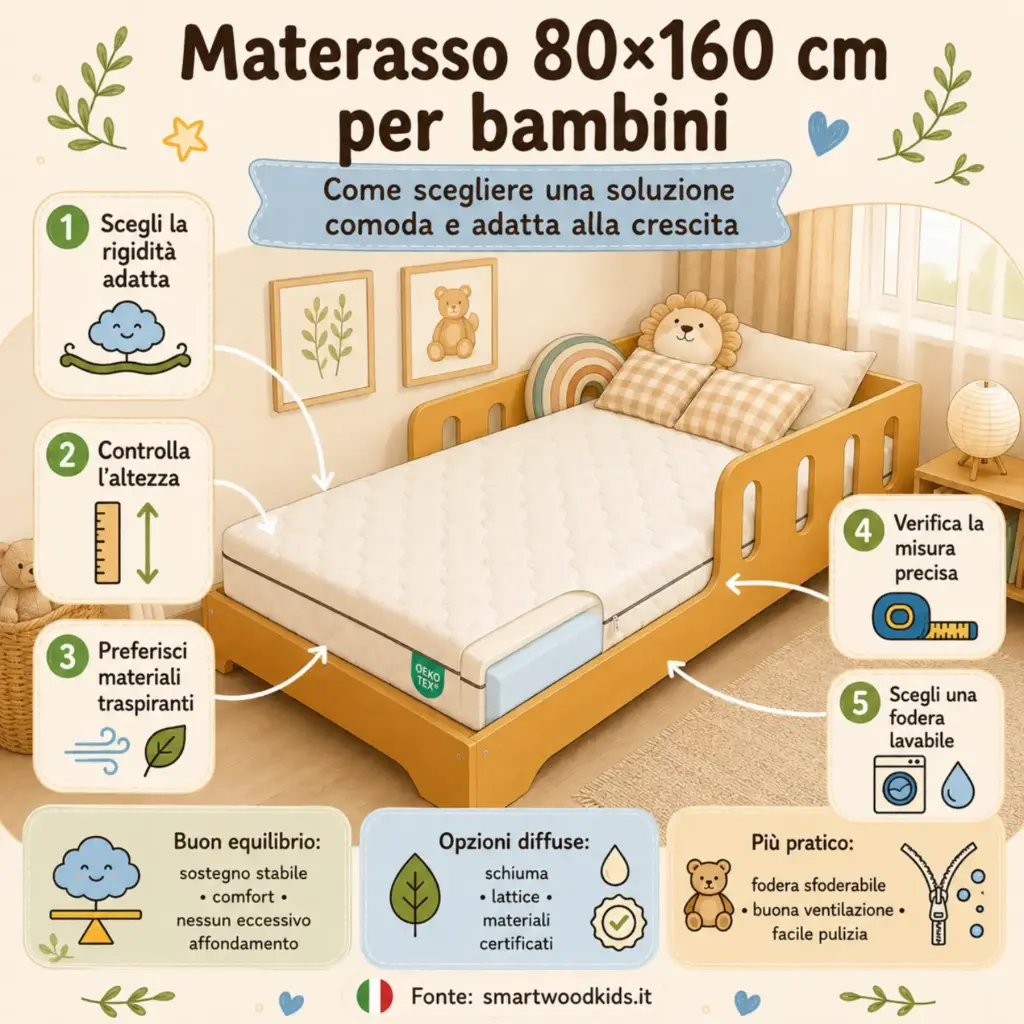 Infografica: materasso 80x160 per bambini - rigidità adatta, altezza giusta, materiali traspiranti, misura precisa e fodera lavabile.