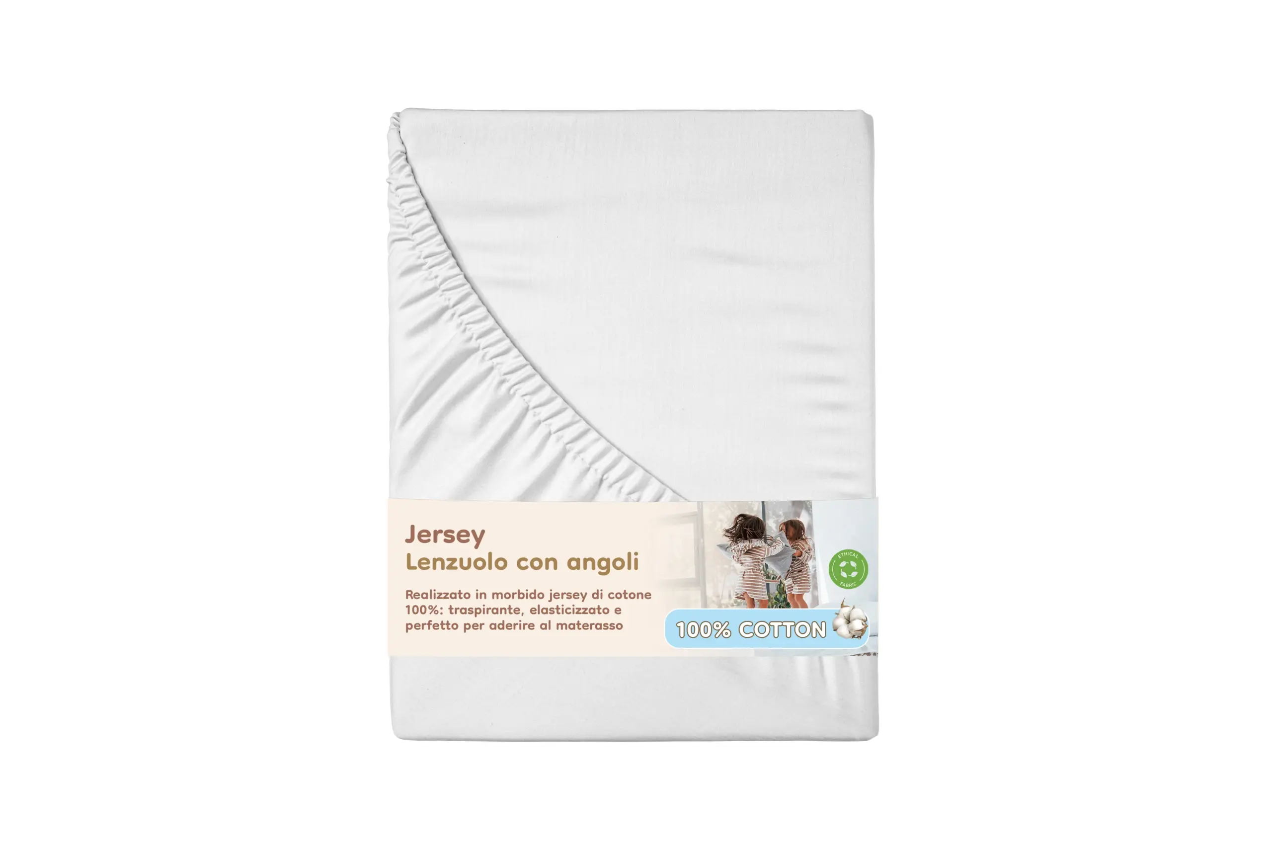 Lenzuolo sotto con angoli bianco in jersey di cotone 100%, elastico e traspirante.