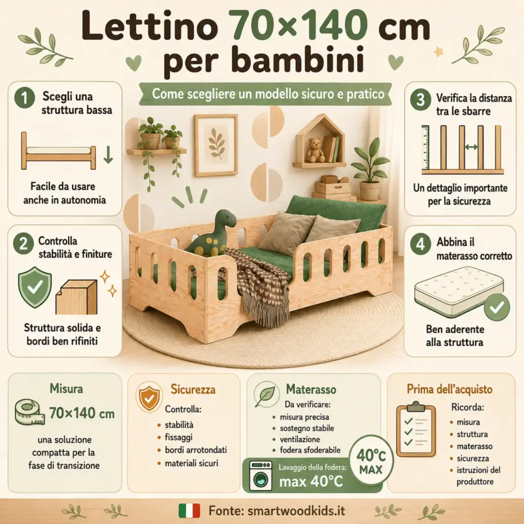 Infografica: lettino 70×140 cm per bambini - struttura bassa, stabilità e finiture, distanza tra le sbarre e materasso corretto.