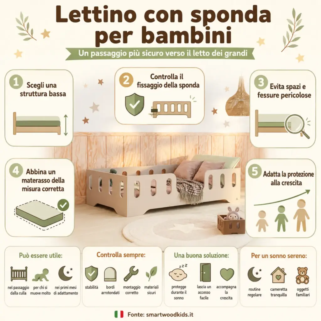 Infografica: lettino con sponda per bambini - struttura bassa, fissaggio sicuro, materasso della misura corretta.