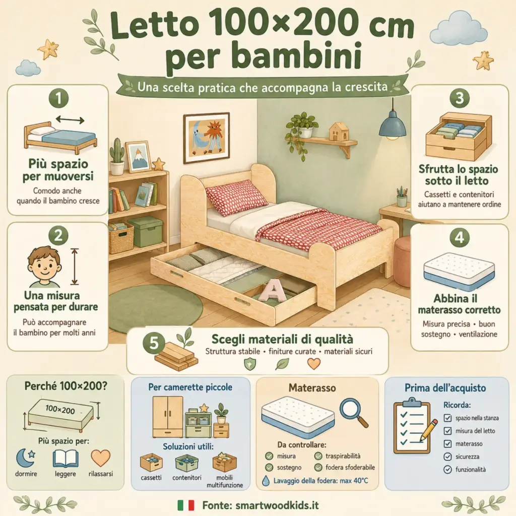 Infografica: perché il letto 100×200 cm è una scelta pratica che accompagna la crescita. smartwoodkids.it