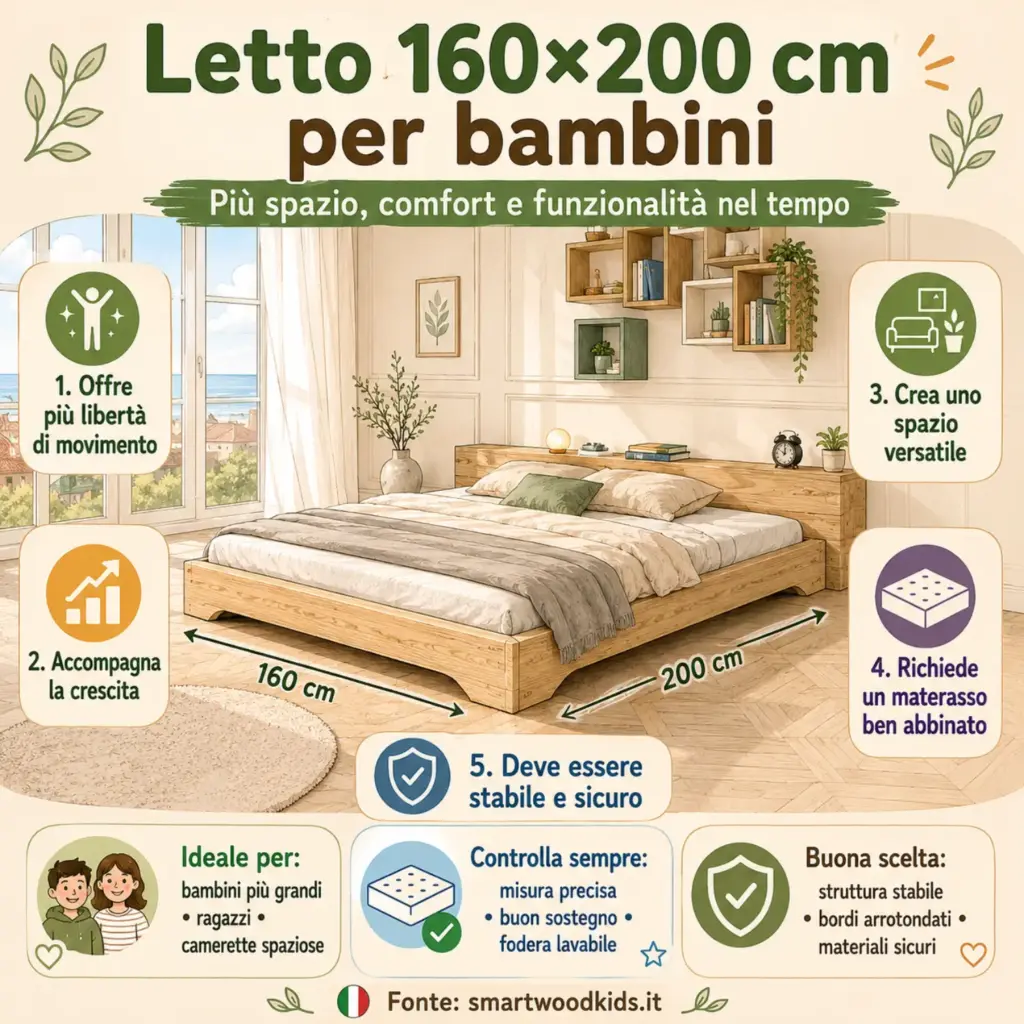 Infografica: letto 160x200 per bambini - libertà di movimento, accompagna la crescita, spazio versatile, materasso abbinato e sicurezza.
