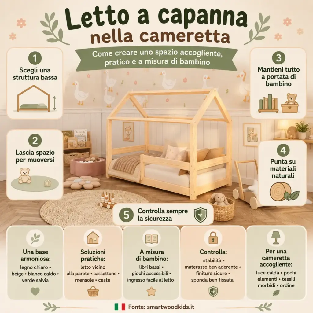 Infografica: letto a capanna nella cameretta - struttura bassa, spazio per muoversi, materiali naturali e tutto a portata di bambino.