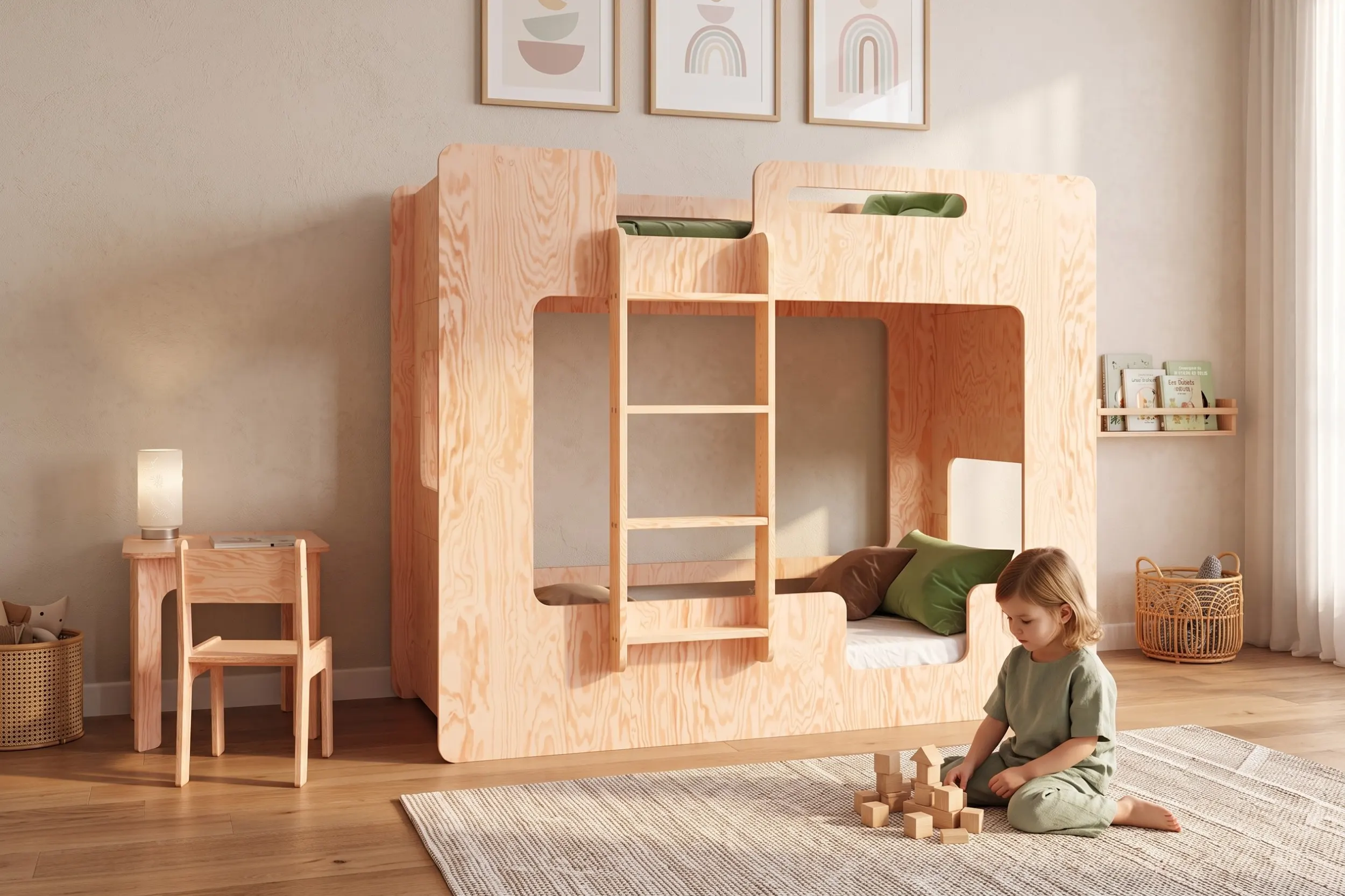 Letto a castello MIMI B in legno naturale con scala centrale e aperture laterali, bambino che gioca con cubi di legno.