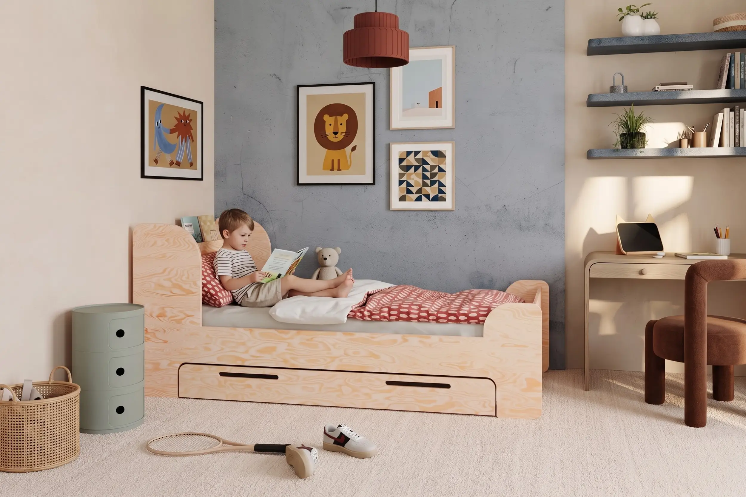 Lettino FLOU D in legno naturale con cassetto e testiera portalibri, bambina che legge un libro appoggiata ai cuscini.