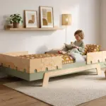 Lit enfant PUZZLE BR2 vert avec barrières au motif puzzle, petit garçon lisant un livre sur le lit dans une chambre lumineuse.