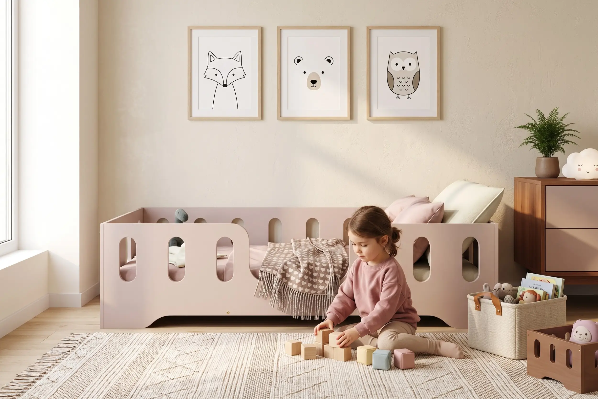 Lettino per bambini TILA 2 color cashmere con sponde, bambina che gioca con cubi di legno sul tappeto accanto al letto.