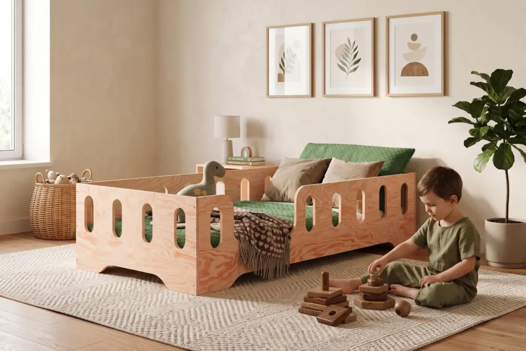 Lettino TILA 2 in legno naturale con sponde, bambino che gioca con impilabili di legno sul tappeto accanto al letto.