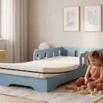 Lettino TILA 6 blu con sponde e materasso Smart Komfort 12 cm, bambina che gioca con cubi di legno sul tappeto.