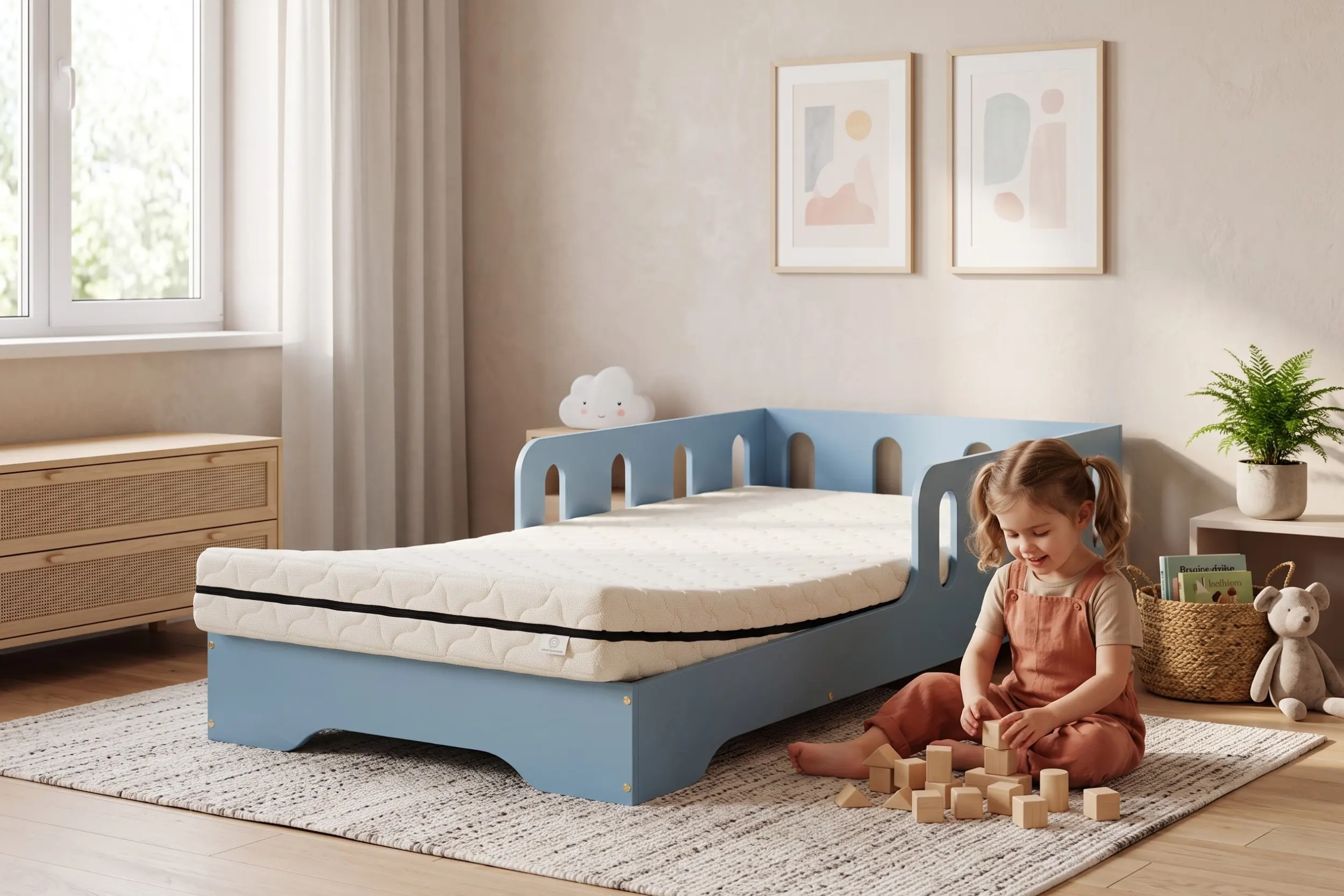 Lettino TILA 6 blu con sponde e materasso Smart Komfort 12 cm, bambina che gioca con cubi di legno sul tappeto.