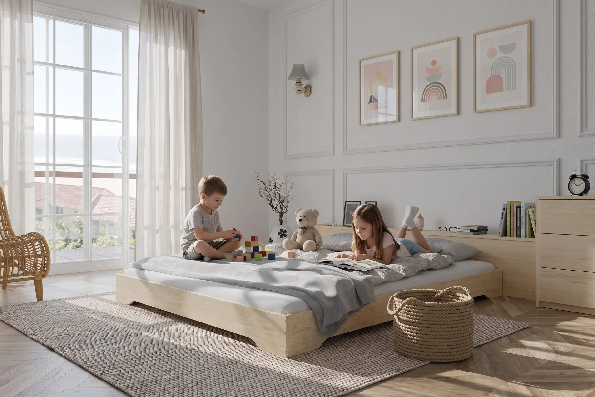 Letto TILA 7 in legno naturale senza barriere, due bambini che leggono e giocano con cubi di legno.
