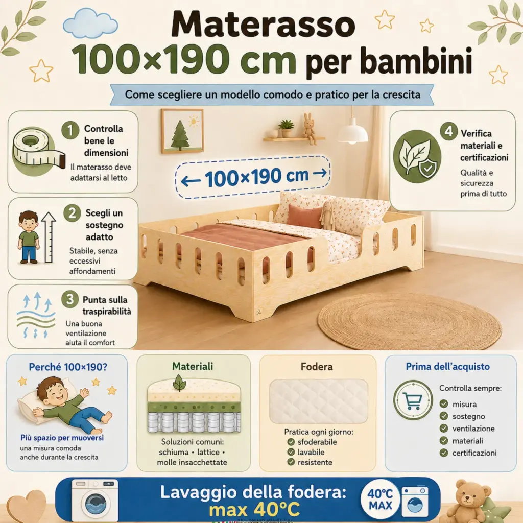 Infografica: materasso 100×190 cm per bambini - misura giusta, sostegno adatto, traspirabilità e fodera lavabile.