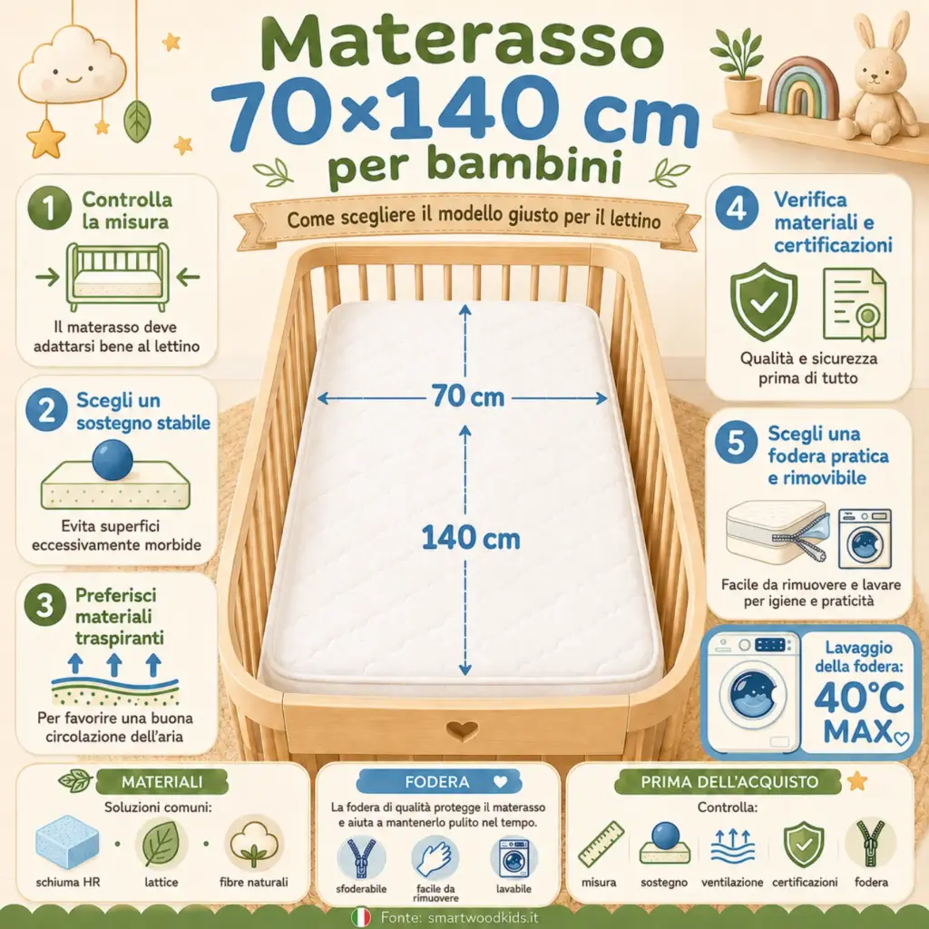 Infografica: materasso 70×140 cm per bambini -misura giusta, sostegno stabile, materiali traspiranti e fodera lavabile.