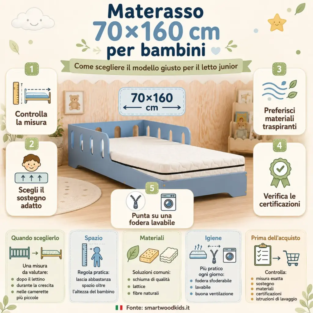 Infografica: come scegliere il materasso 70×160 cm giusto per il letto junior. smartwoodkids.it