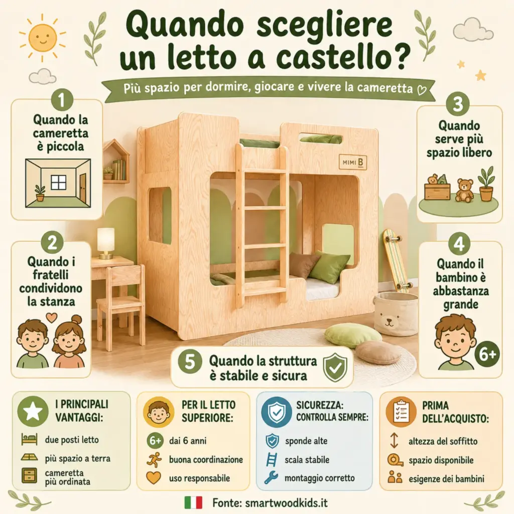 Infografica: quando scegliere un letto a castello - cameretta piccola, fratelli, più spazio libero, età adatta e struttura sicura.