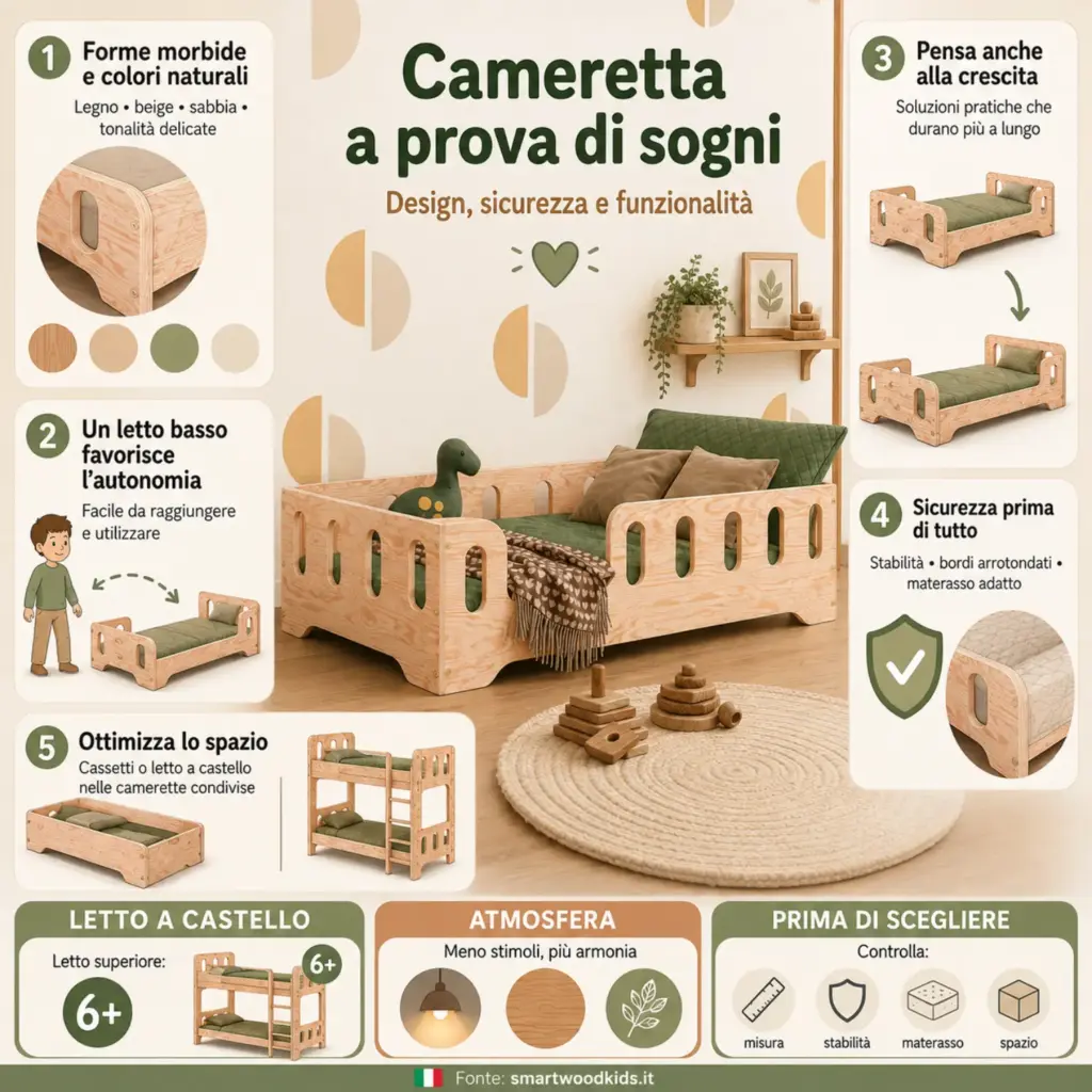Infografica: cameretta a prova di sogni - forme morbide, letto basso, materiali naturali, sicurezza e ottimizzazione dello spazio.