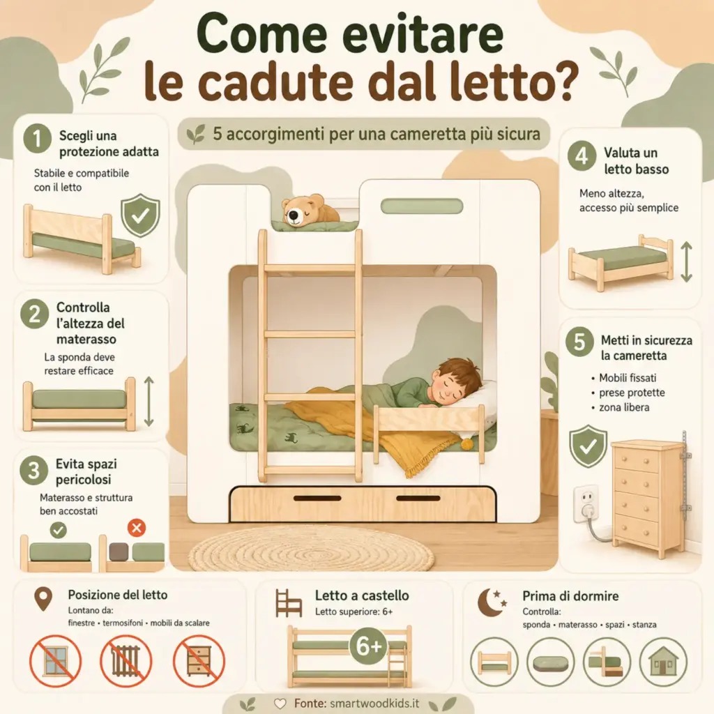 Infografica: come evitare le cadute dal letto - sponda adatta, altezza del materasso, spazi sicuri e cameretta protetta.