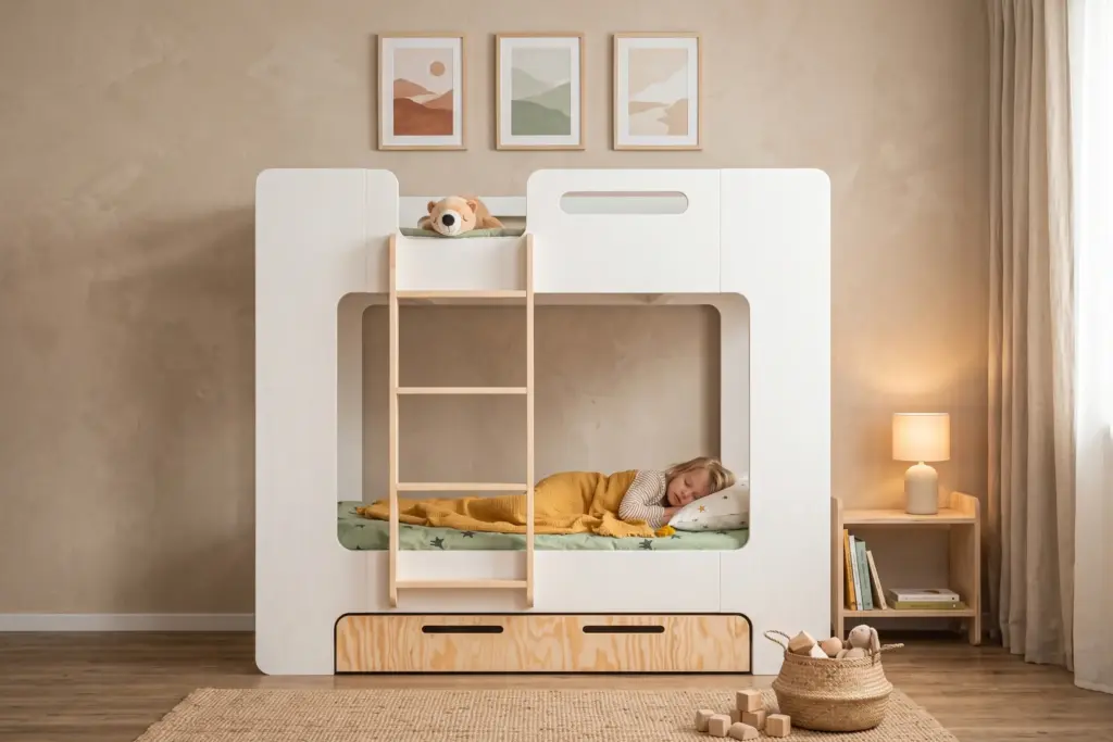 Letto a castello MIMI D bianco con cassetto e scaletta in legno, bambina che dorme nel letto inferiore.