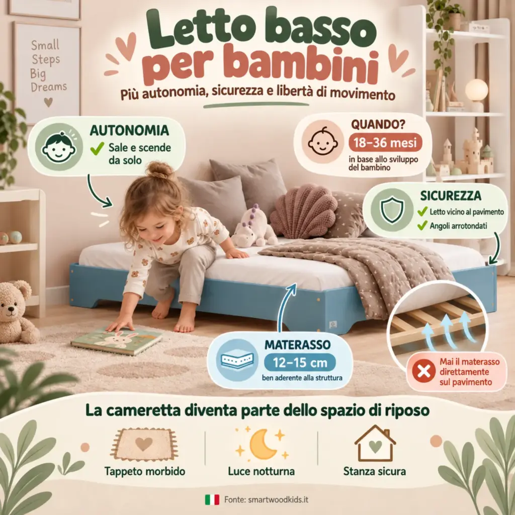 Infografica: letto basso per bambini - autonomia, quando passarci, sicurezza vicino al pavimento e altezza del materasso.