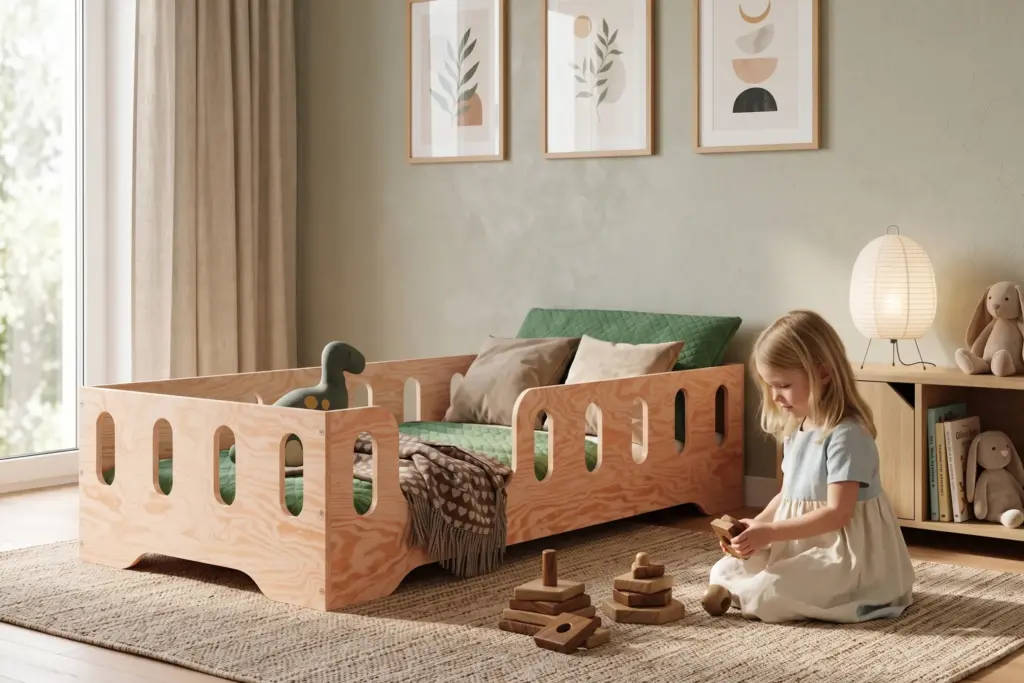 Lettino TILA 2 in legno naturale con sponde e biancheria verde, bambina che gioca con impilabili di legno sul tappeto.
