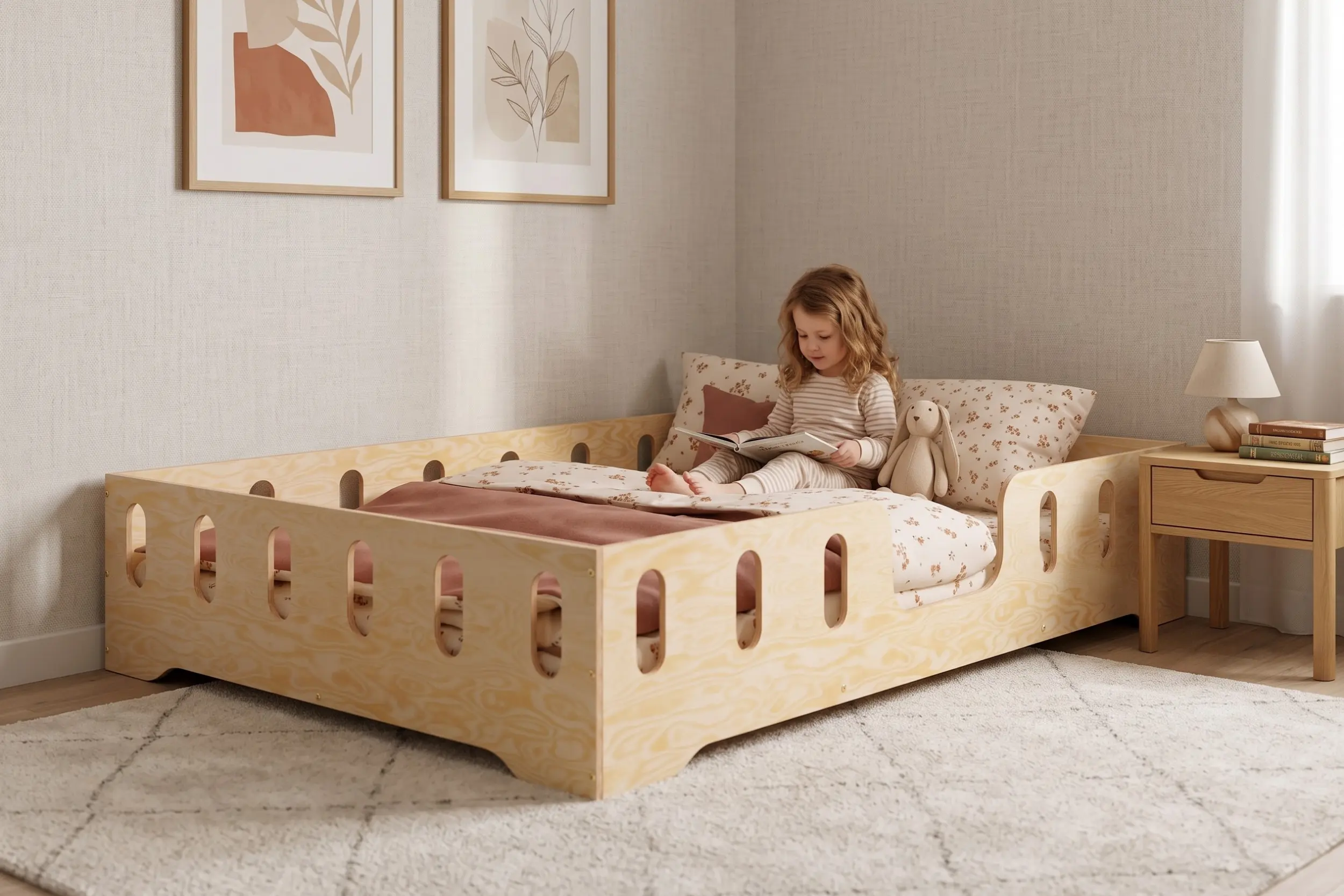 Lettino TILA 2 in legno naturale con sponde ed entrata laterale, bambina che legge un libro appoggiata ai cuscini