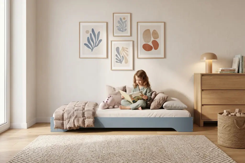 Letto per bambini TILA 7 blu basso senza sponde, bambina seduta che legge un libro tra i cuscini.