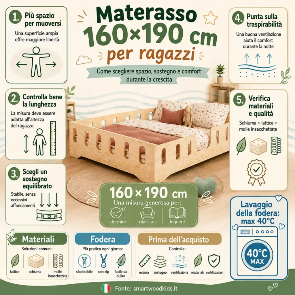 Infografica: materasso 160×190 cm per ragazzi - più spazio per muoversi, sostegno equilibrato, traspirabilità e materiali di qualità.